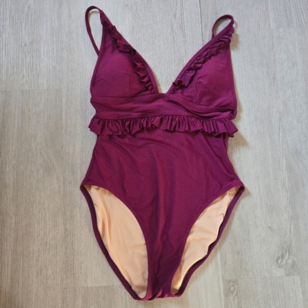 J. Crew Plum Plunge Ruffled One-Piece Swimsuit, SIZE 4